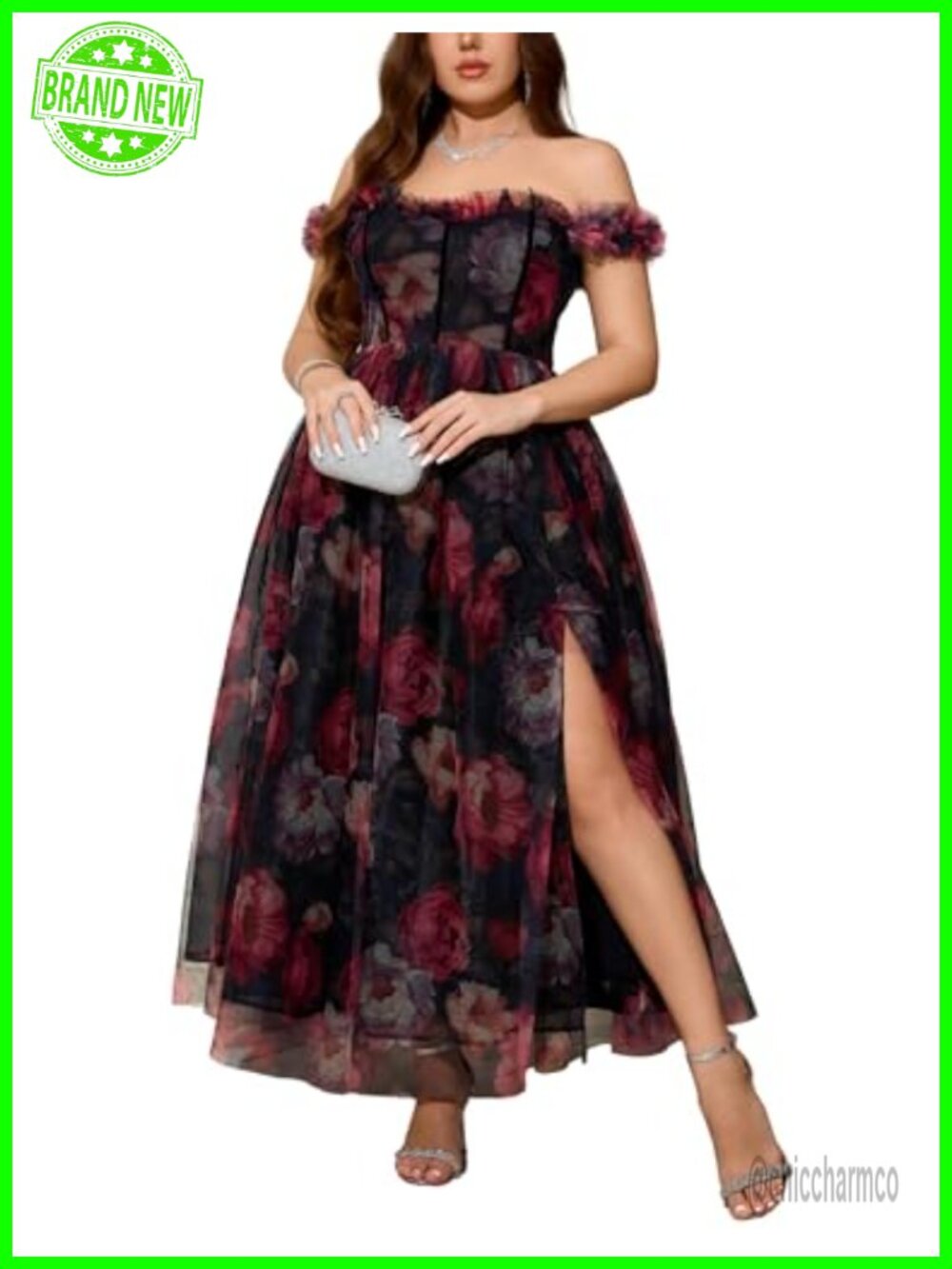 Plus Size Formal Floral Sweetheart Off Shoulder Tulle Midi Dress with Slit